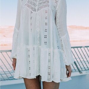 Altar’d State White Eyelet Lace Open Back Tunic Mini Dress S Boho Cottagecore FP